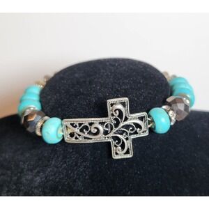 Stretch Boho‎ Faux Turquoise & Silver Bracelet w/ Celtic Cross